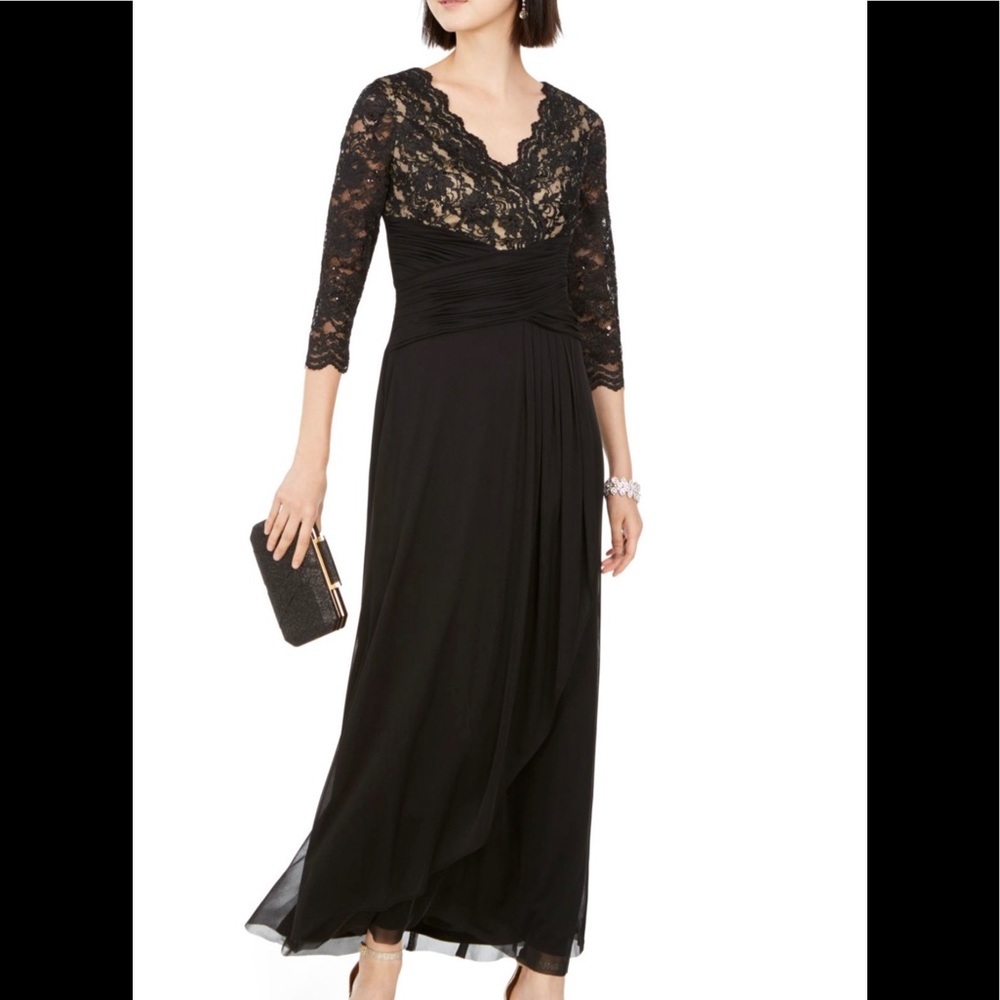 Women’s Formal Evening Dress Size 6 Black Tie Long Sleeves Lace Sequins